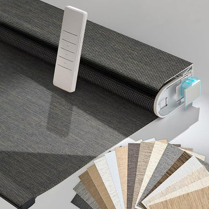Persilux Smart Motorized Blinds with Remote, No Drill Automatic Roller Shades for Indoor Windows, Light Filtering Linen Fabric, Electric Blinds for Windows, Weave Blend Coal C162-8, Custom Size
