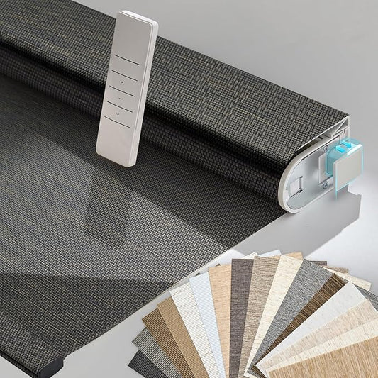 Persilux Smart Motorized Blinds with Remote, No Drill Automatic Roller Shades for Indoor Windows, Light Filtering Linen Fabric, Electric Blinds for Windows, Weave Blend Coal C162-8, Custom Size
