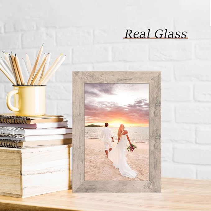 iRahmen 6x9 Picture Frame Set of 4, Smoke Gray Frame with High Definition Glass, 6 x 9 Wood Rustic Photo Frames for Horizontal or Vertical Tabletop and Wall Mounting