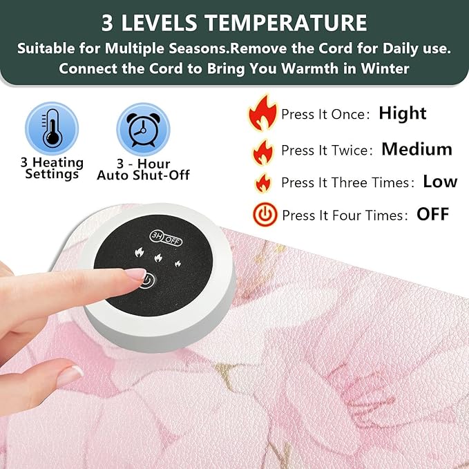 Large Heated Mouse Pad,Leather Desk Mat,31.5"x13",Hand Warmer Pads for Desk,Sakura（Pink White）