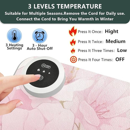 Large Heated Mouse Pad,Leather Desk Mat,31.5"x13",Hand Warmer Pads for Desk,Sakura（Pink White）