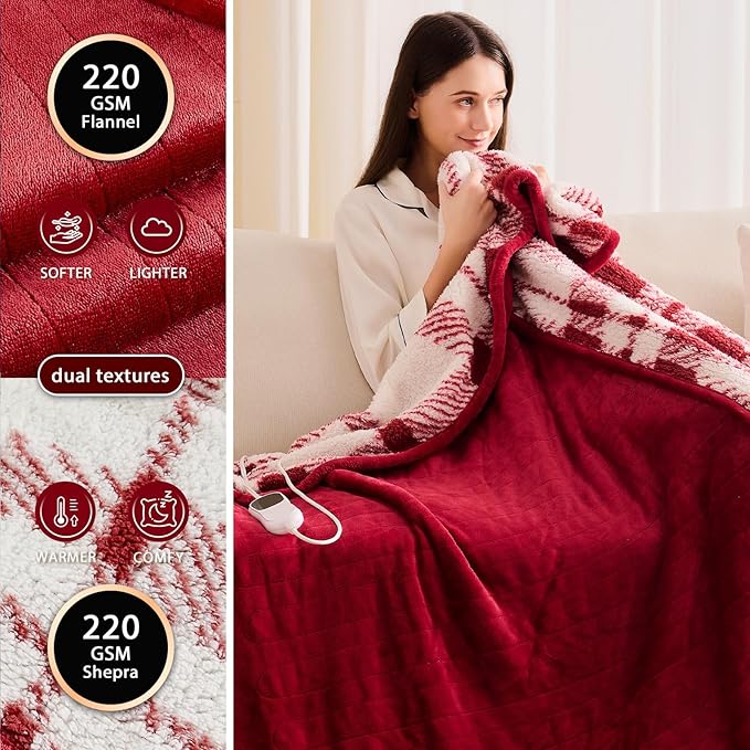 Heated Electric Blanket King Size - 100"x90" Flannel Heating Blanket with 10 Heating Levels & 5 Time Settings Over-Heat Protection, Winter Warmer for Adults with ETL Certification（Red）