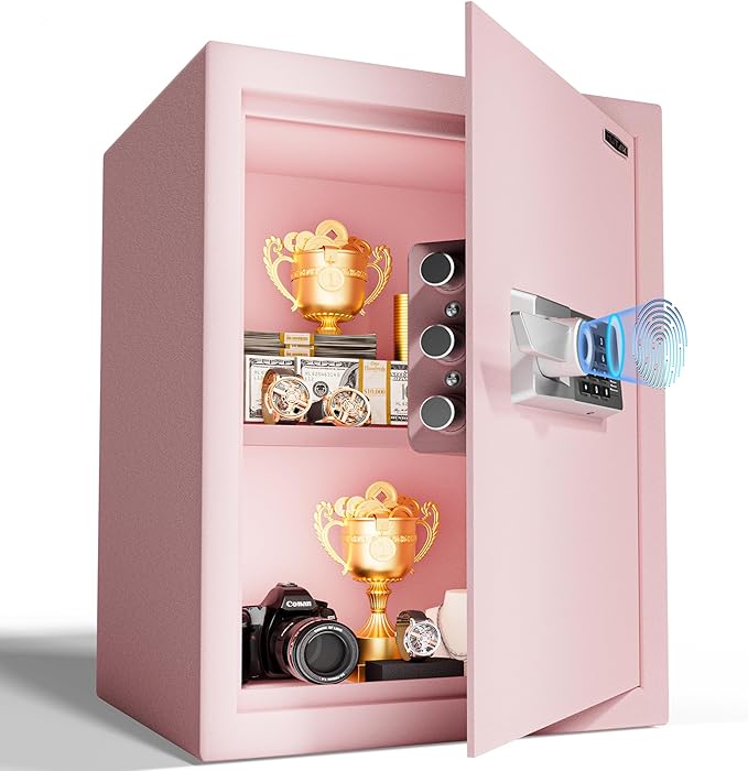 2.0 Cub Biometric Safe Box with Fireproof Bag, Quick-Access Fingerprint with Keys, Digital Keyboard, Type-C Port, Dual Alarm System Safety Box for Home, Office, Hotel Use(Pink)