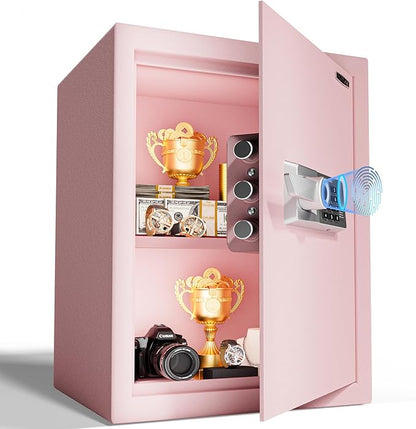 2.0 Cub Biometric Safe Box with Fireproof Bag, Quick-Access Fingerprint with Keys, Digital Keyboard, Type-C Port, Dual Alarm System Safety Box for Home, Office, Hotel Use(Pink)
