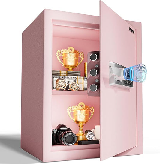 2.0 Cub Biometric Safe Box with Fireproof Bag, Quick-Access Fingerprint with Keys, Digital Keyboard, Type-C Port, Dual Alarm System Safety Box for Home, Office, Hotel Use(Pink)