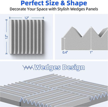 48 Pack Sound Proof Foam Panels for Wall with Self Adhesive, 1" X 12" X 12" High Density Acoustic Panels Sound Absorbing Quick-Recovery, Wedges Soundproof Wall Panels for Gaming & Studio Decor - Gray