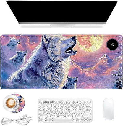 Heated Mouse Pad, Warm Desk Pad, Keyboard Mat 31.5 x 13 Inch Large Size Intelligent Fast Heating, 3 Speed Adjustable, Timed Auto Power Off for Game Office Home,Wolf Howling Under The Moon