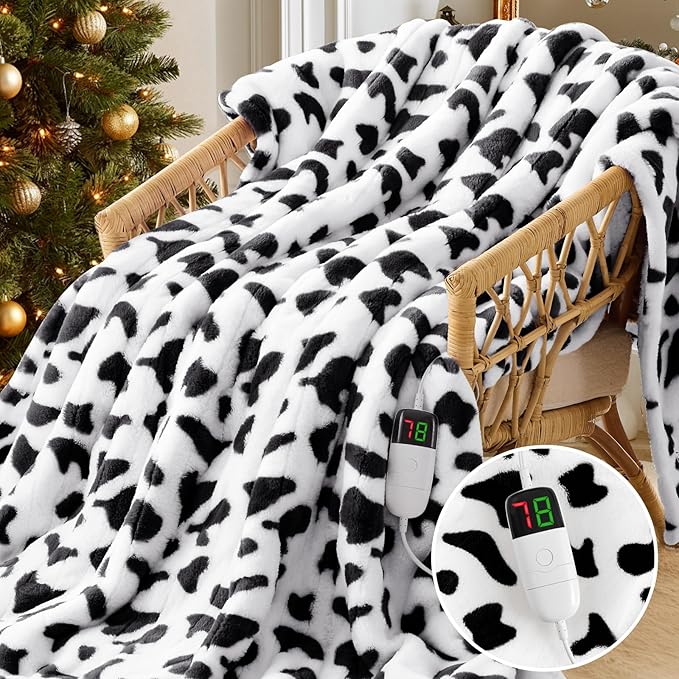 Cow Print Heated Electric Blanket Twin,62X84 Black Heating Blanket with 10 Heats Levels & 8 Hours Auto Off,Cute Cow Decor Fleece Sherpa Blankets Warmer Gifts for Women Couch Office,Washable