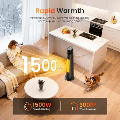 1500W PTC Ceramic Smart Space Heaters for Indoor Use, Portable Heater with Remote & App Control for Large Room, Office, ECO Modes, Safety Protection, 70° Oscillation, 12H Timer, Black, 1 Pack