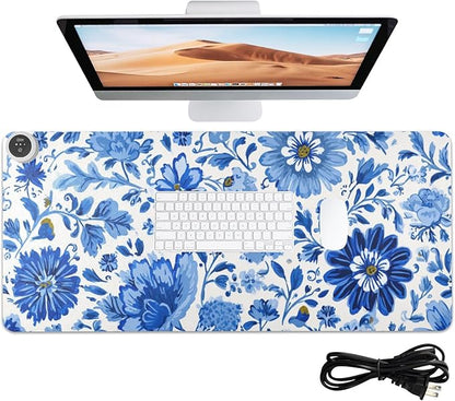 Heated Desk Pad Mouse Pad 31.5x13 Inch PU Leather Desk Mat with 3 Heat Levels Large Mouse Gaming Computer Laptop Mat Flower Blue and White Daisy Leaf