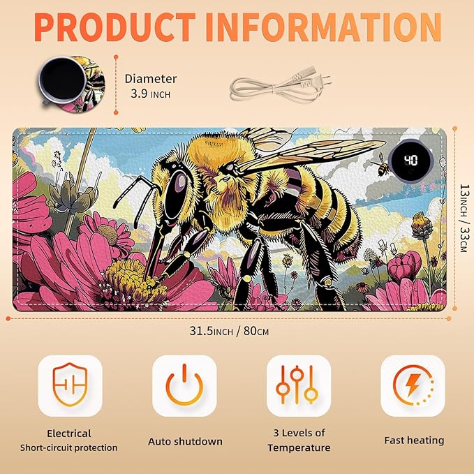 Heated Mouse Pad, Warm Desk Pad, Keyboard Mat 31.5 x 13 Inch Large Size Intelligent Fast Heating, 3 Speed Adjustable, Timed Auto Power Off for Game Office Home,Bees Collect Honey