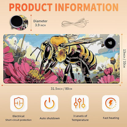 Heated Mouse Pad, Warm Desk Pad, Keyboard Mat 31.5 x 13 Inch Large Size Intelligent Fast Heating, 3 Speed Adjustable, Timed Auto Power Off for Game Office Home,Bees Collect Honey
