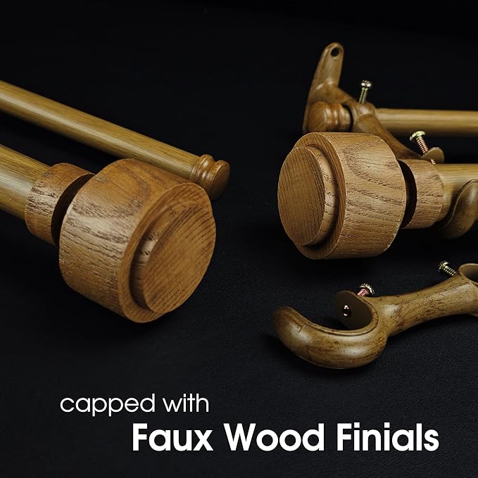 1-1/8 Inch Diameter Faux Wood Curtain Rod with Wood Grain Finials, 36-72 inch Telescoping Double Curtain Rods for window width 24-68 inch, 1 pack