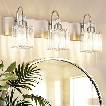Ralbay Brushed Nickel Vanity Light for Bathroom Crystal 3-Light Modern Crystal Bathroom Light Fixtures