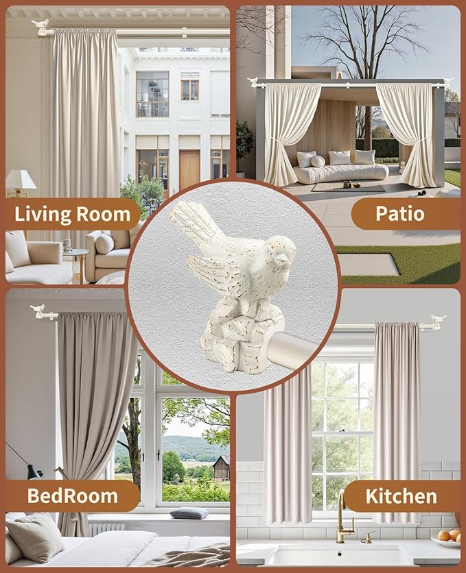 White Curtain Rod 36 to 72 Inches Curtain Rods for Windows Adjustable Heavy Duty Drapery Rod with Bird Finials for Kitchen Window Living Room