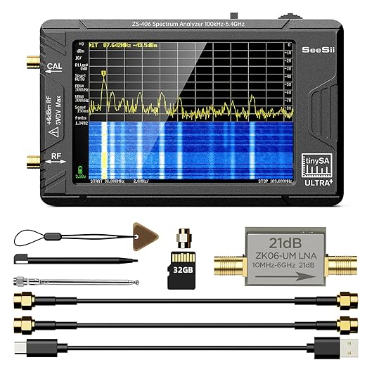 SeeSii TinySA Ultra+ ZS406 Spectrum Analyzer: 4.0 Inch 5.4GHz Handheld Tiny Frequency Analyzer with ZK06-UM 21dB LNA Module 32Gb Card—100kHz to 800MHz MF/HF/VHF UHF Input, 2025 Upgraded