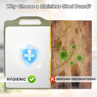 VOCOSTE Double-Sided Stainless Steel Cutting Board, Hygienic Kitchen Board for Meat, Fruits & Vegetables, Dishwasher Safe, Families with Children and Elderly, Green