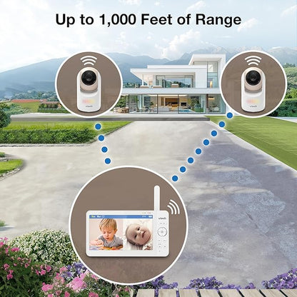 VTech 2-Cameras Video Baby Monitor with 7" Color LCD Screen, Rechargeable Battery, Video and Audio Streaming, Pan-Tilt-Zoom, Touch Multi-Color Night Light, Two-Way Talk: Advanced Max Twin (Tan)