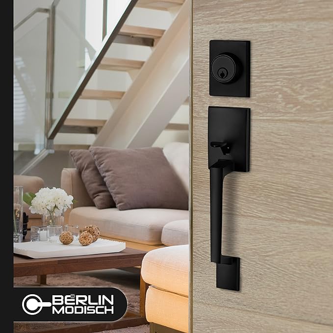 Berlin Modisch Single Cylinder HandleSet with Lever Door Handle (for Entrance and Front Door) Reversible for Right and Left Handed deadbolt Handle Set Iron Black Finish