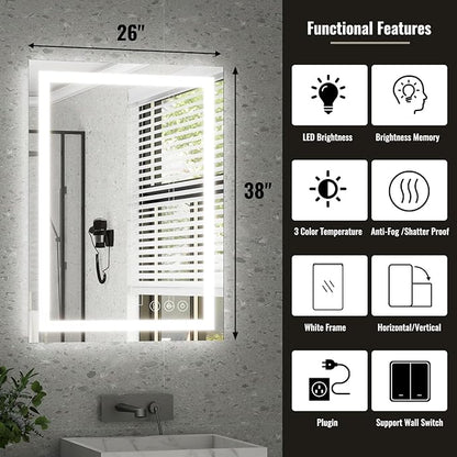 26x38 Inch LED Bathroom Mirror with Lights for Wall - Backlit + Front Lit, 3 Color Modes, Anti-Fog, Tempered Glass - Wall Mounted Modern Vanity Mirror