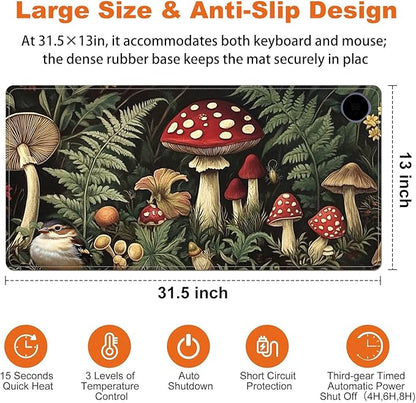 Heated Mouse Pad for Desk 31.5" x 13" – PU Leather Warm Desk Pad with 3 Heat Levels (104°F/113°F/122°F), Plug-in Electric Heating Mat with Auto Shut-Off, Waterproof & Rollable, Forest Mushrooms