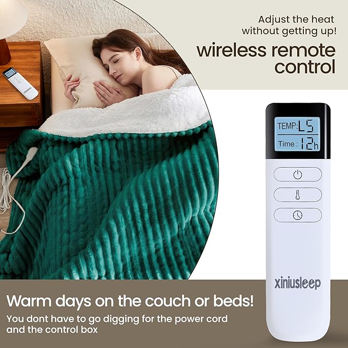 Heated Blanket Electric Blanket 50"x60", Soft Flannel Sherpa Electric Throw with 5 Heating Level & 12 Times Setting, Heated Throw with Overheating Protection, Machine Washable (Green)