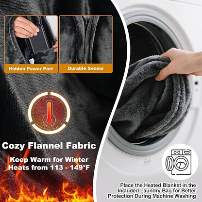 Large Portable Heated Blanket 71" × 43", Includes 2 Portable 20000mAh 7.4V Power Banks, 11 Heating Zones, 3 Heat Settings, 1–6H Timer, Machine Washable, with Laundry Bag, Waist Belt & Backpack