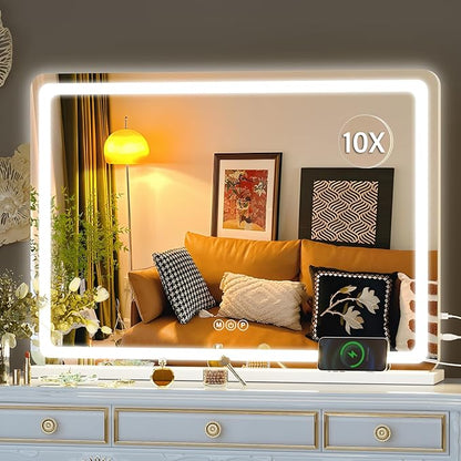 Hasipu Vanity Mirror with Lights, 27.6" x 20" LED Makeup Mirror, Lighted Makeup Mirror with Dimmable 3 Modes, Touch Screen Control Vanity Mirror Round White