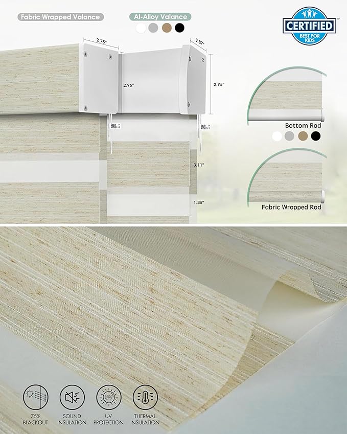 Yoolax Motorized Matter Zebra Blinds Compatible with Alexa, Google Home, Apple HomeKit, Light Filtering Dual Layer Sheer Blinds, Privacy Light Control Horizontal Window Blind (75% Jungle Linen)