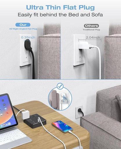 20FT Surge Protector Power Strip,12 AC Outlets with 6 USB Ports (2 USB-C), Flat Plug Extension Cord with Multiple Outlets, Wall Mount for Home Office,Dorm,Black