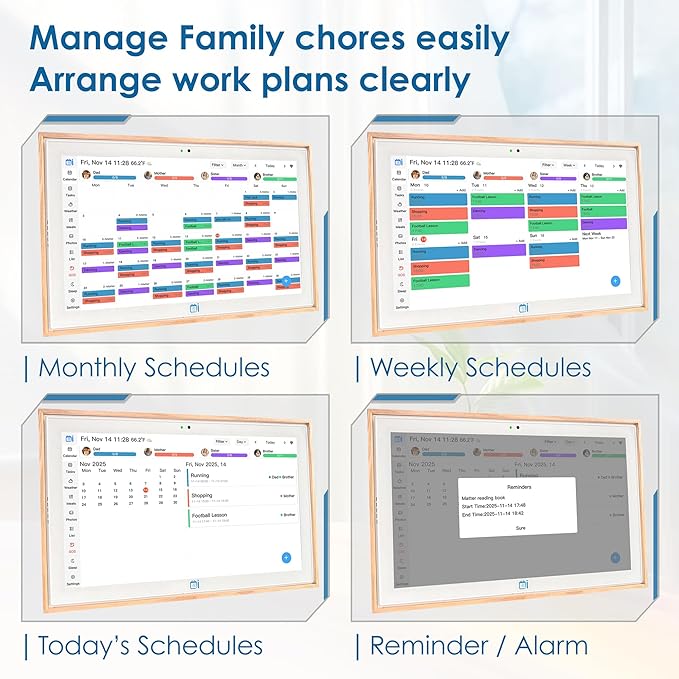 USIN 15.6 inch Wooden Digital Calendar, Wall Touch Screen Home Organizor, Family Chore Charts and Meal Planner, Interactive Display schedule, Desk and Wall Mounted, Electronic Calendars with Free App