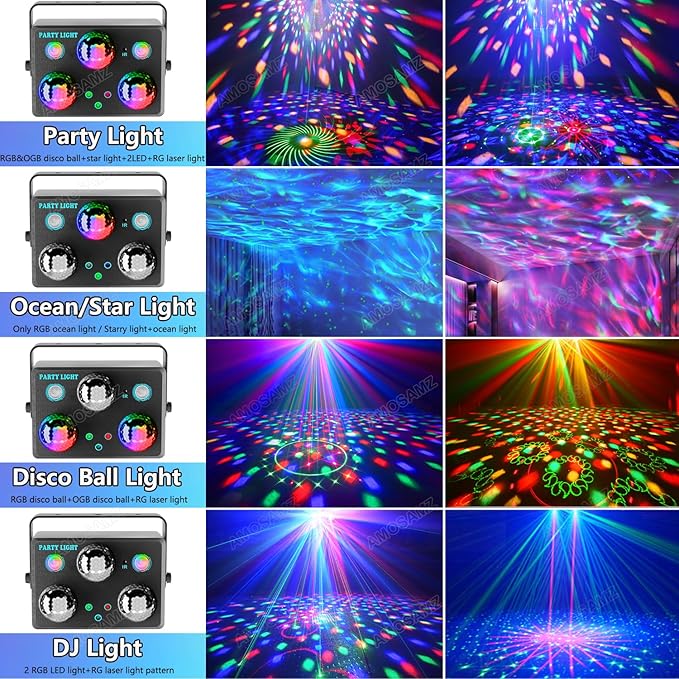 Disco Ball Party Lights,Pro 6 in 1 Disco Lights Sound Activated Dj Strobe with RGB&OGB Disco Balls,Laser Light Show,Ocean Lamp,Star Projector,2 RGB LEDs-Perfect for Disco Glow Party Rave Dance