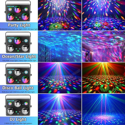 Disco Ball Party Lights,Pro 6 in 1 Disco Lights Sound Activated Dj Strobe with RGB&OGB Disco Balls,Laser Light Show,Ocean Lamp,Star Projector,2 RGB LEDs-Perfect for Disco Glow Party Rave Dance