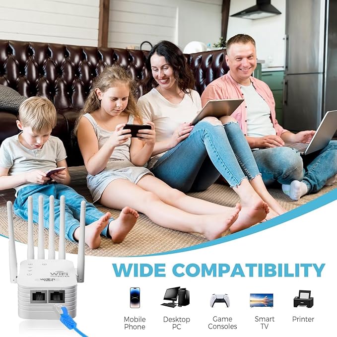 WiFi Range Extender Up to 12000 Sq.Ft Coverage, Dual Band 1200Mbps with 4 High-Gain Antennas, 3-in-1 Mode with Ethernet Port, Easy Setup