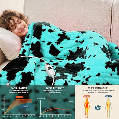 Cow Print Electric Heated Blanket Queen Size,84X90 Green Heating Blanket Queen With Dual Control&Timer&10 Heat Levels,Highland Cow Decor Fleece Sherpa Blankets Warmer Gifts for Bed Women Adults