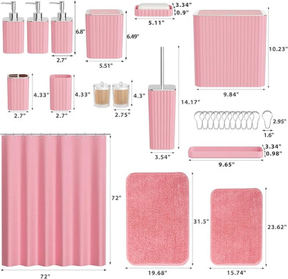 Bathroom Accessory Set - Bathroom Set, 27PC Bathroom Accessories Set, Pink Bathroom Sets with Shower Curtain and Rugs, Mini Trash Can, Toilet Brush, Trash Can & Soap Dispenser