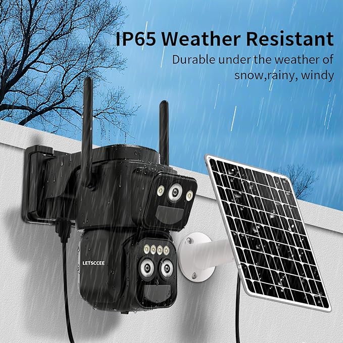Security Cameras Wirelss Outdoor Solar Powered for Home Security, 360 View Outside Camera,Motion Detection,10x Hybrid Zoom PAN Tile,i IP-65 Weather Proof (3 Lens Hybrid Zoom)