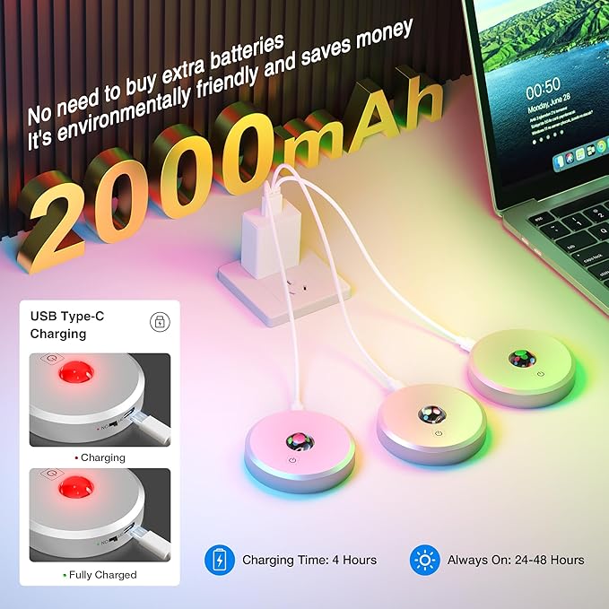 RGB Puck Lights with Remote Control, 2000mAh Battery Operated Tap Lights Rechargeable, 9 Colors & 2 Dynamic Changing Under Cabinet Lighting, Magnetic Stick on Light for Closet(Silver, 3 Pack)