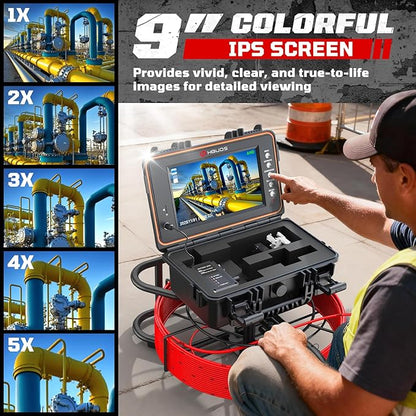 Sewer Camera 100ft, Self Leveling Drain Camera with Meter Counter, 7mm Thick Cable, 9" HD Screen 1080P Plumbing Cameras Snake with Light, 5100mAh Battery Duct Pipe Video Inspection Cam DVR 32GB