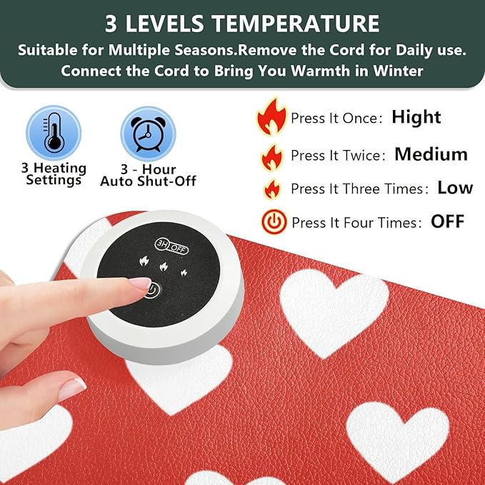 Heated Desk Pad Mouse Pad 31.5x13 Inch PU Leather Desk Mat with 3 Heat Levels Large Mouse Gaming Computer Laptop Mat Red Heart Valentine