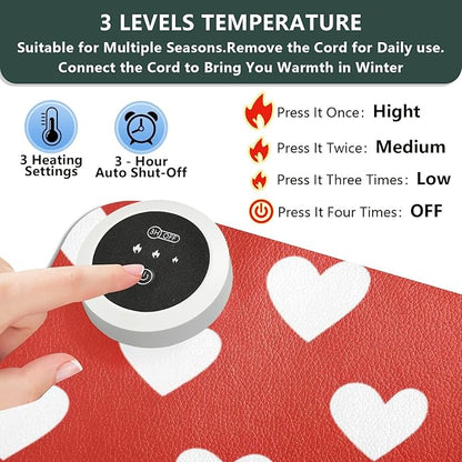 Heated Desk Pad Mouse Pad 31.5x13 Inch PU Leather Desk Mat with 3 Heat Levels Large Mouse Gaming Computer Laptop Mat Red Heart Valentine