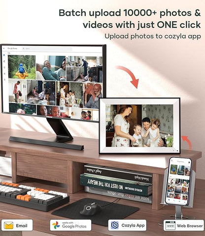 Cozyla 10.1'' WiFi Digital Picture Frame AI-Enhanced Free Unlimited Storage Auto-Rotate Share Photo＆Video via Apps from Phone Smart Digital Photo Frame Electric Picture Frame Slideshow Display Mat