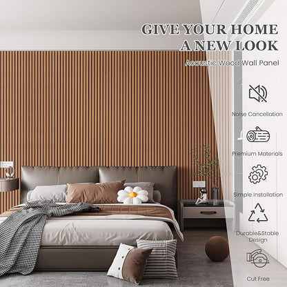 Wood Salt Acoustic Wall Panels, 4 Piece 94" x 12.6" x 0.8" Soundproof Wooden Wall Panels, 3D Fluted Sound Absorbing Panel, Brown