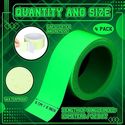 4 Rolls Glow in The Dark Tape 32.8 ft x 2 Inch Luminous Phosphorescence Green Long Lasting Bright Glow Tape for Halloween Night Decorations, Theater Stages, Stairs, Walls, Steps and Exit Sign