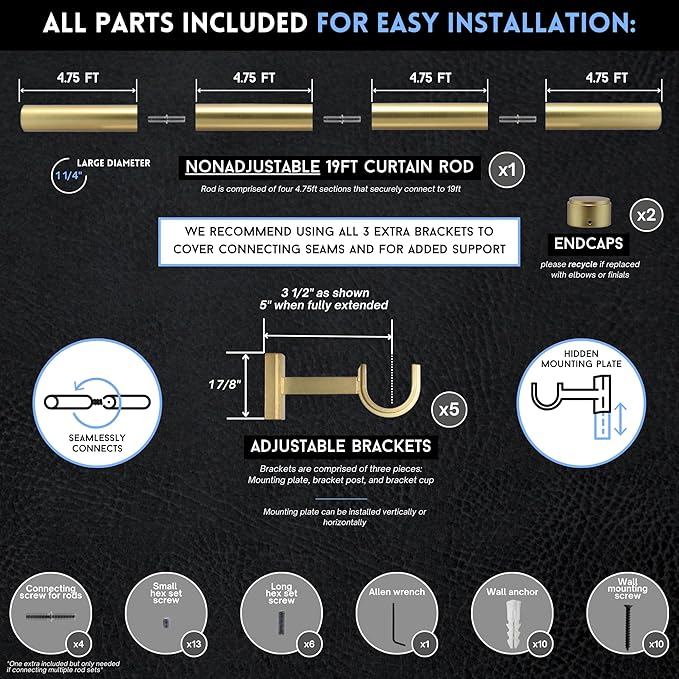 BlastHome® Non-Adjustable Luxury Extra Long Curtain Rod, 1 ¼” Rod Set, 19 foot Fixed Length (Four Rods Connect for a Seamless Look), Brushed Gold