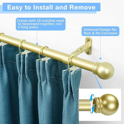 Curtain Rods for Windows 16 to 150 Inches, Curtain Rod Max Adjustable Length of 160 IN, 6/8" Diameter Drapery Rods Round Finials, Warm Gold, Pack of 1