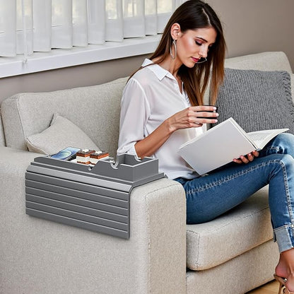 Bamboo Couch Armrest Table, Sofa Arm Tray with Detachable Couch Cup Holder- 2 in 1 Anti-Slip Foldable Sofa Armchair Caddy Table for Drinks Cellphone TV Remote Snacks (Gray)