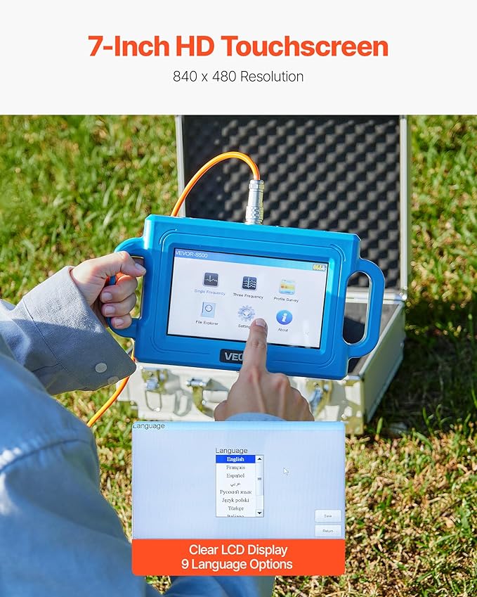 VEVOR Underground Water Detector, Up to 1640ft (500m) Pro Underground Water Detection Locator, 7" Touchscreen Auto Mapping Well Detector Explorer with Multi-Frequency Measurement, 8GB Card, Carry Case