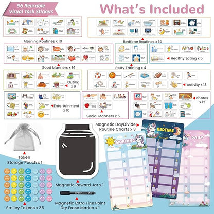 JJPRO Magnetic Bedtime/Morning/Daily Reward Routine Chart for Kids with Reward Jar-Bedtime Routine Chart,Reward Jar for Kids,Daily Checklist Reward Chart for Toddlers,Visual Schedule Board -Unicorn