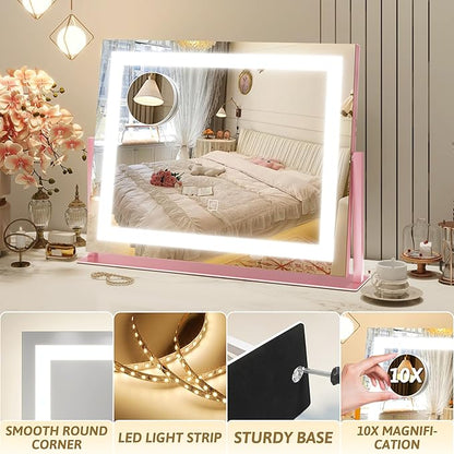ROLOVE Pink Vanity Mirror with Lights 22"x18", Lighted Makeup Mirror with 10X Magnification, Smart Touch 3 Colors Dimmable, 360° Rotation, Gift for Teens